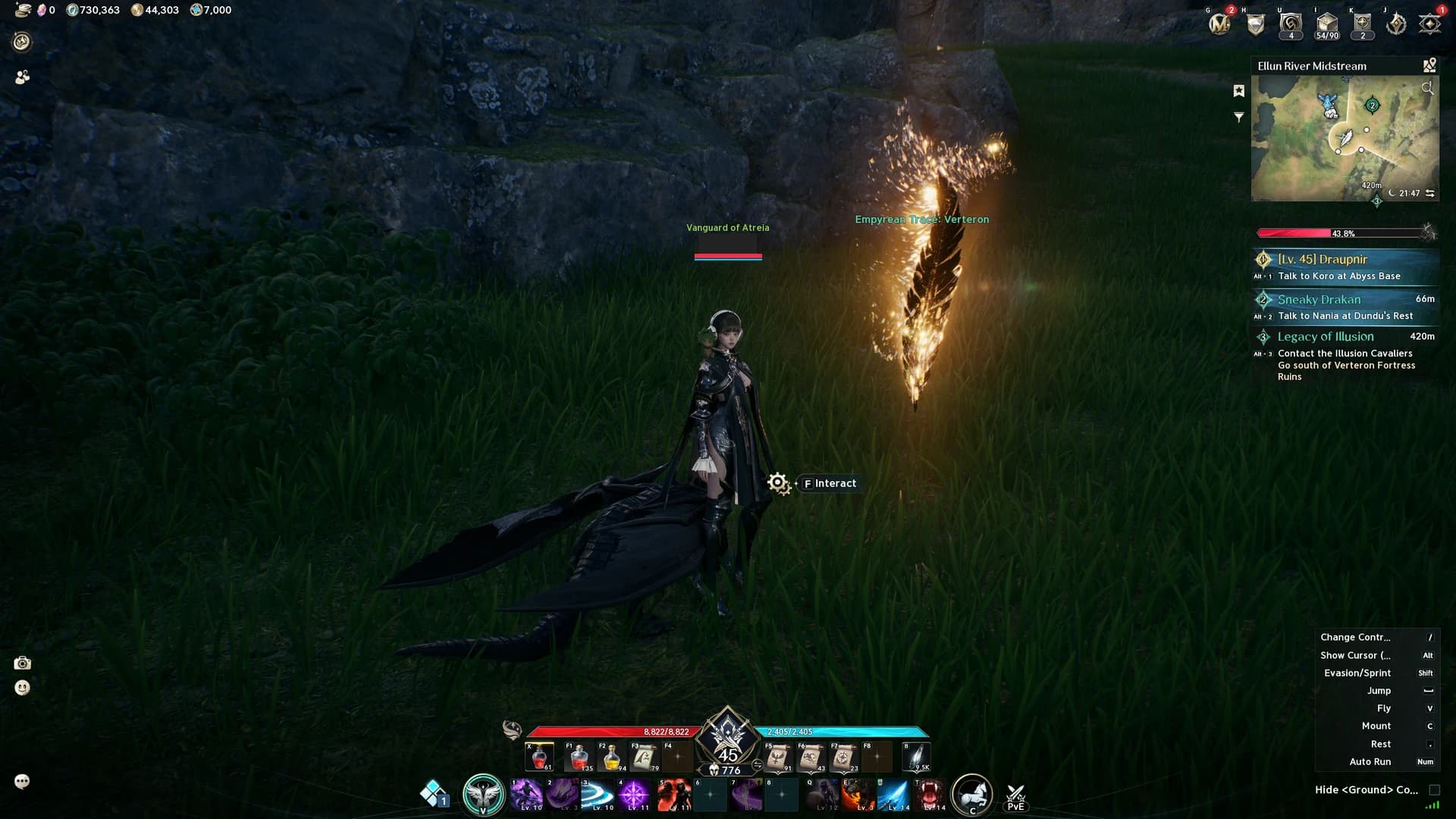 A glowing Empyrean Trace feather standing in the grass in Verteron