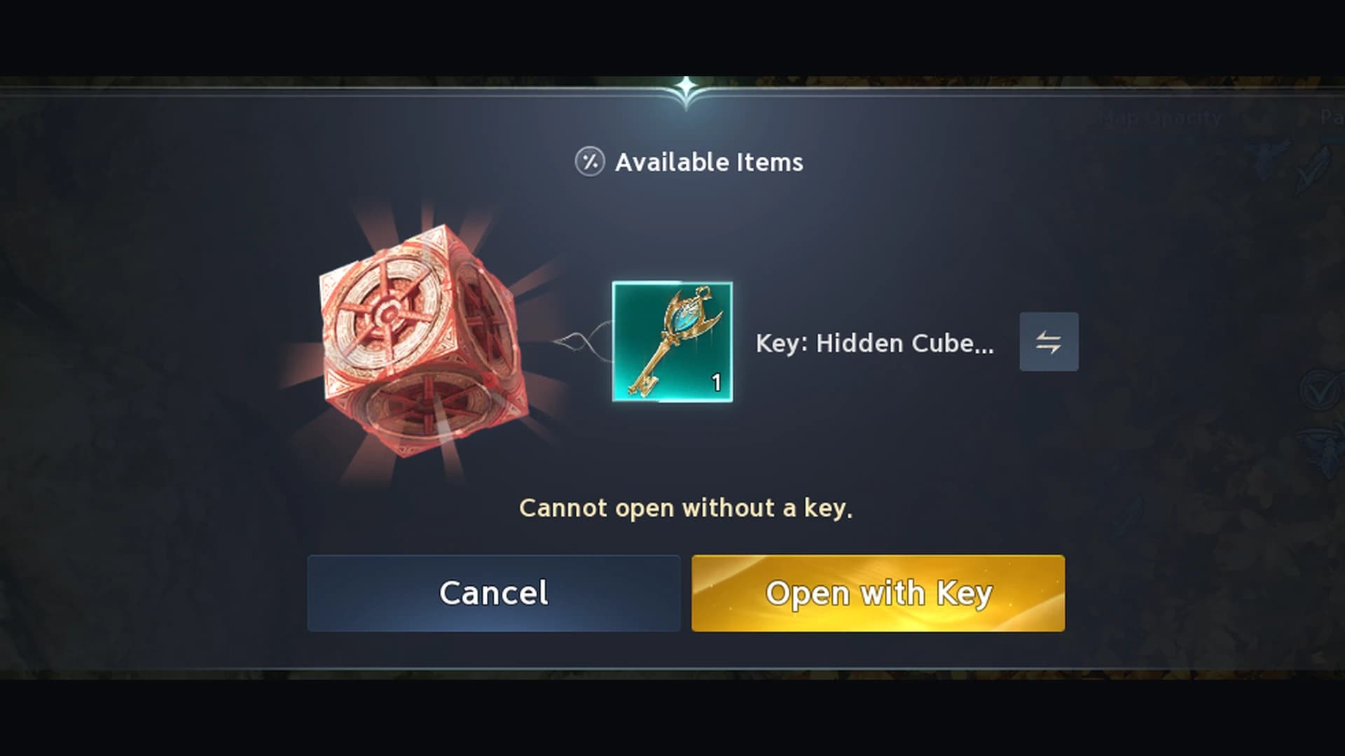 Hidden Cube prompt with a Key: Hidden Cube slot and the Open with Key button