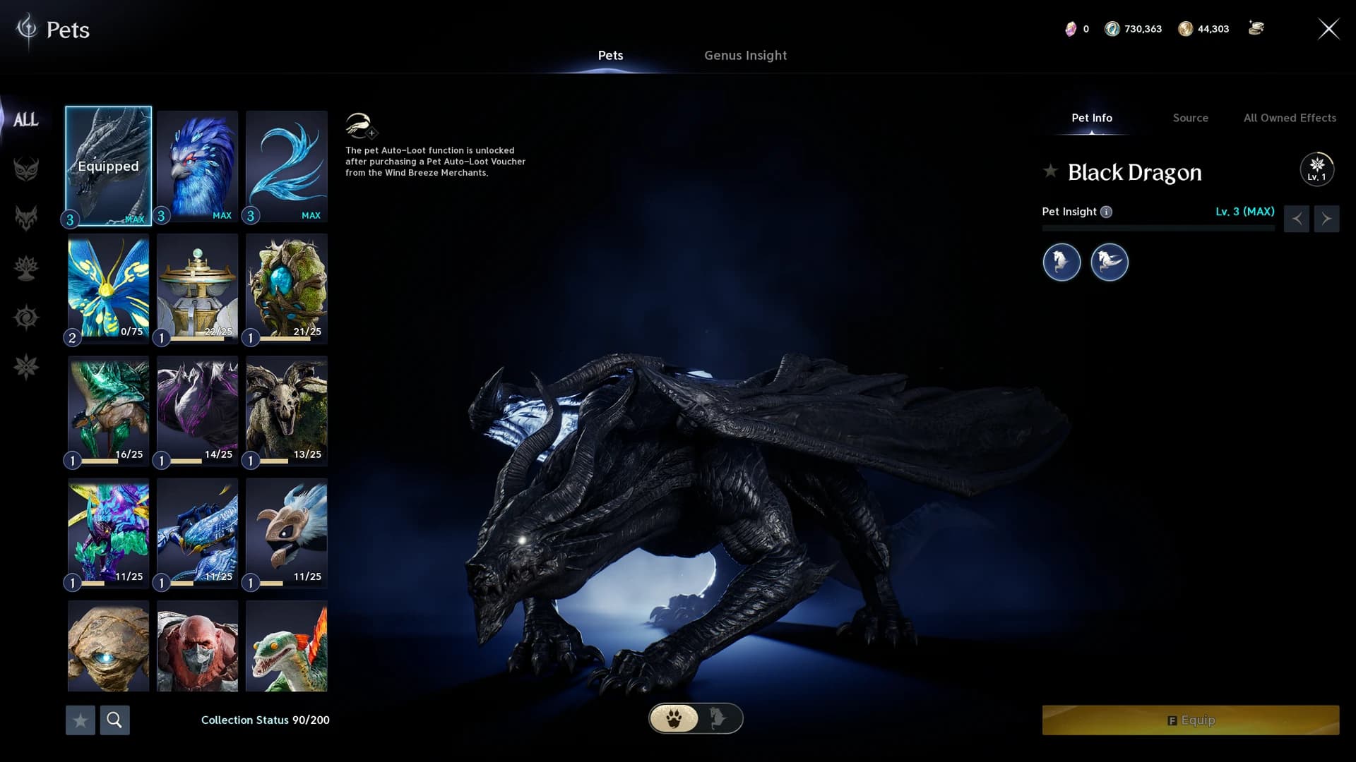 Pet collection grid with the Black Dragon selected and Collection Status 90/200