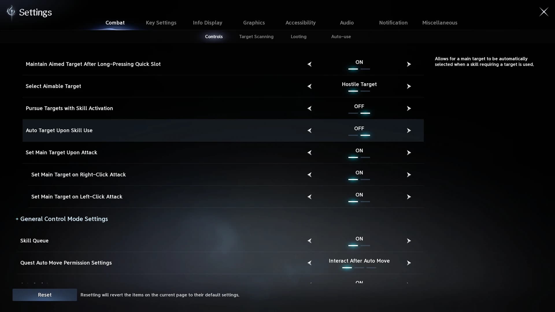 Combat Controls settings with Pursue Targets with Skill Activation off
