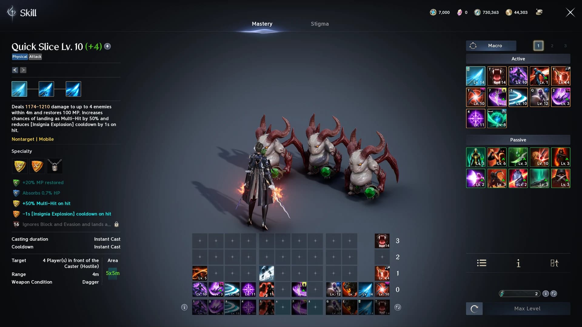 Assassin skill window with Quick Slice level 10 and its specialties