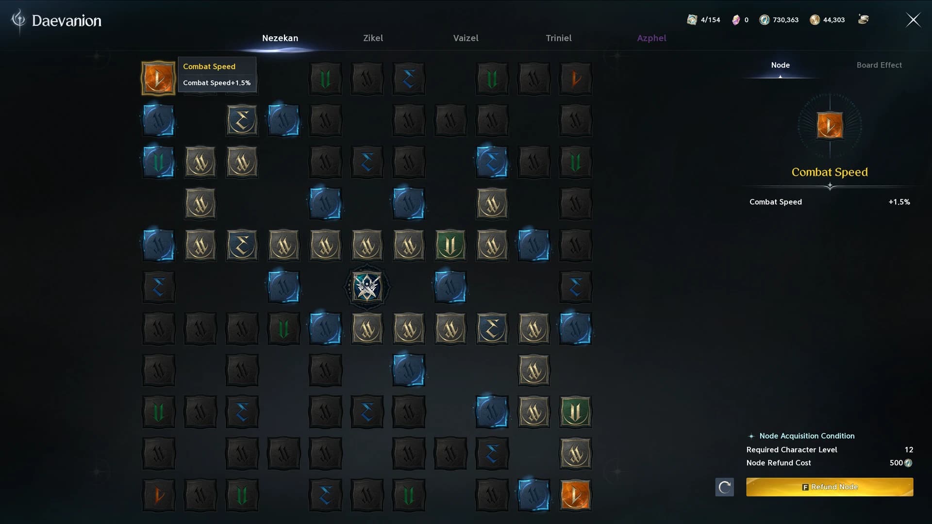 Nezekan Daevanion board with the orange Combat Speed corner node selected