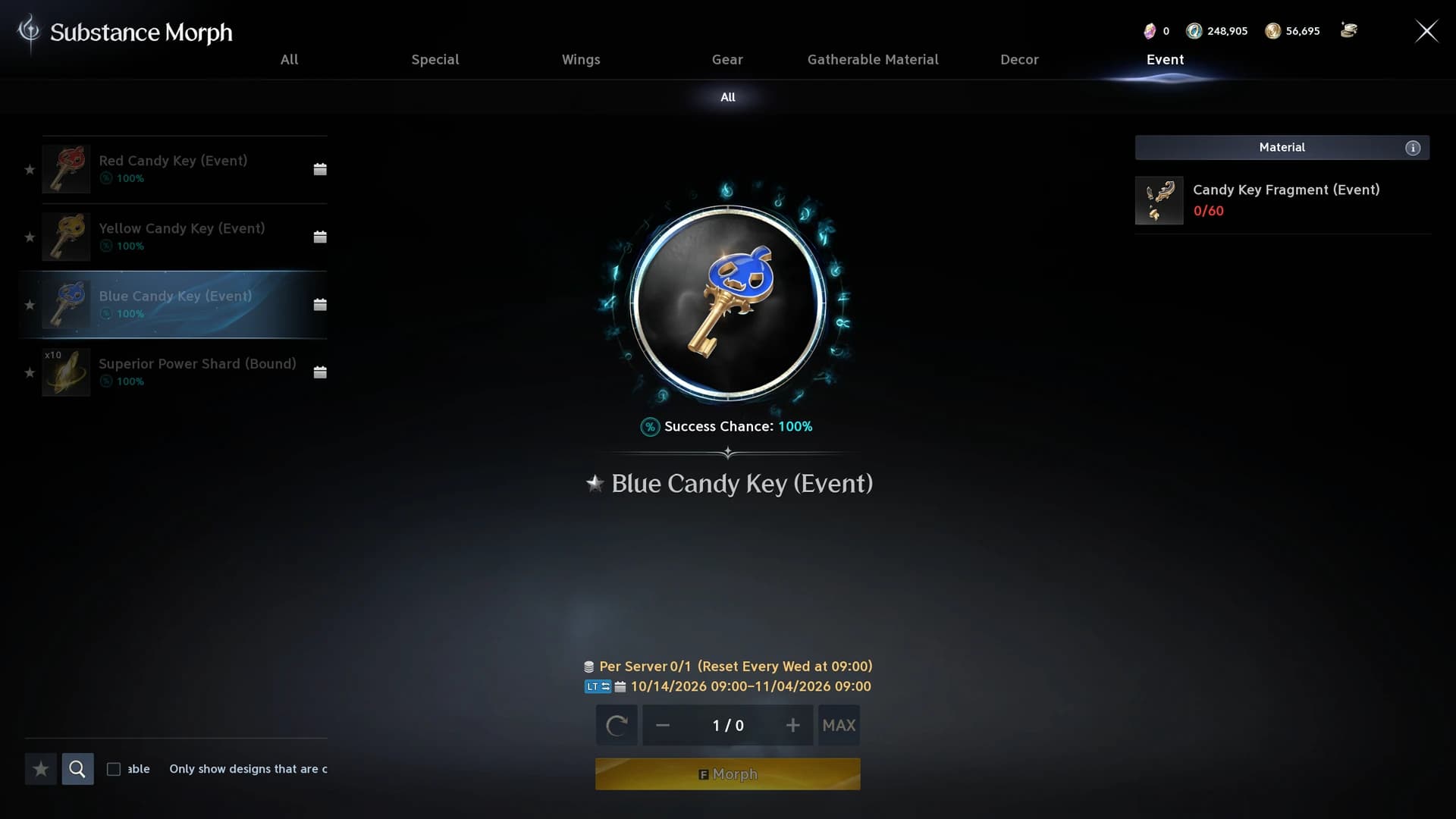 Substance Morph, Event tab, making a Blue Candy Key from 60 fragments
