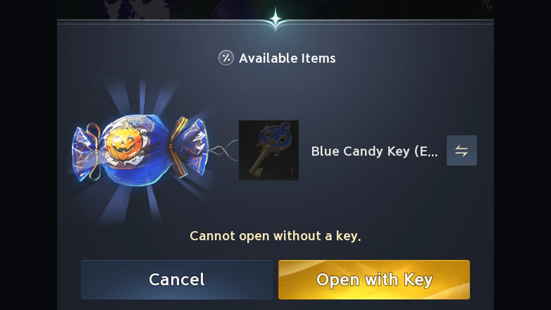 Prompt when opening a Halloween candy: Blue Candy Key slot and Open with Key