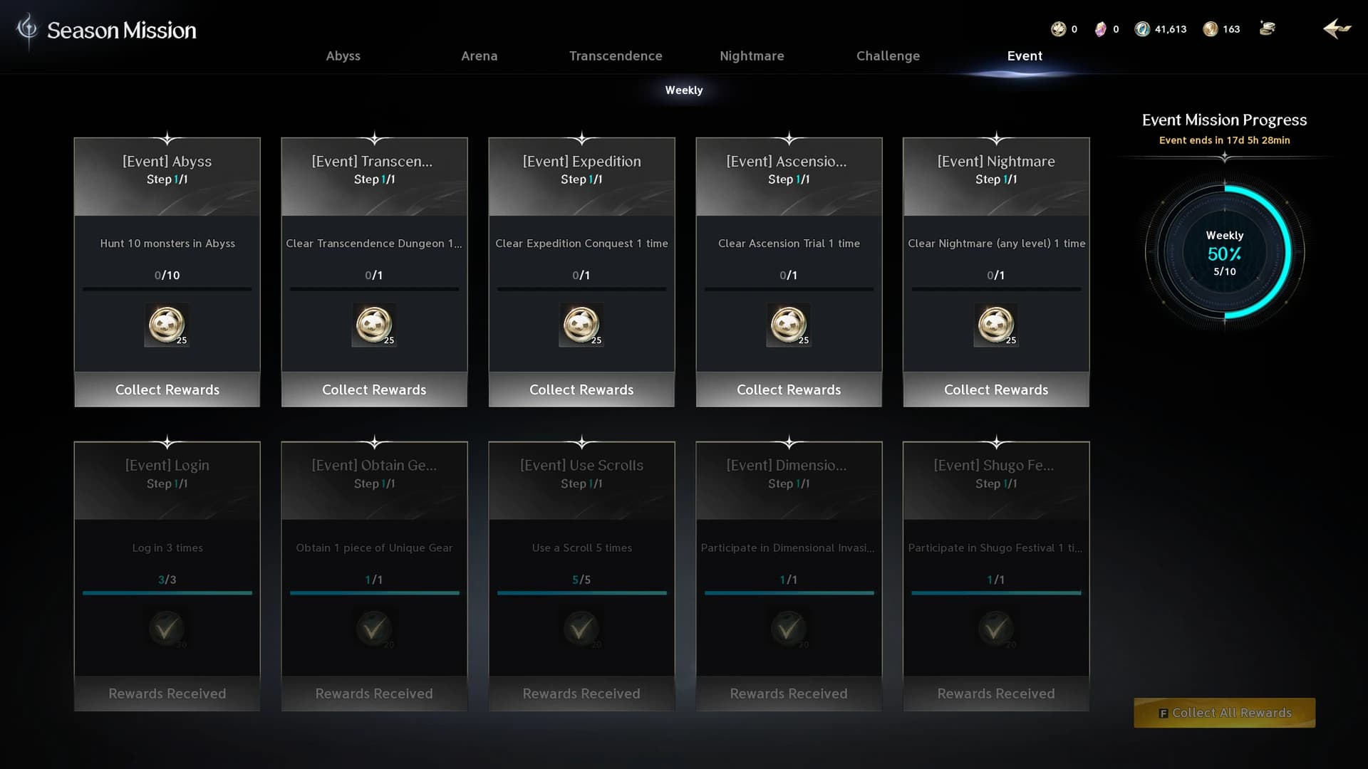 Season Mission window, Event tab, with the ten weekly Halloween missions